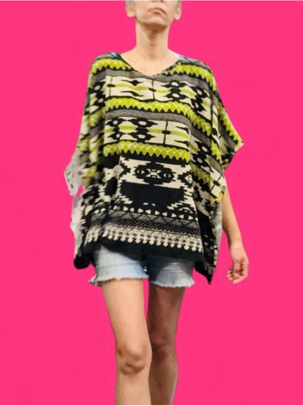 Tyche Lime Green Black Southwestern Print Oversized Poncho Tunic One Size
